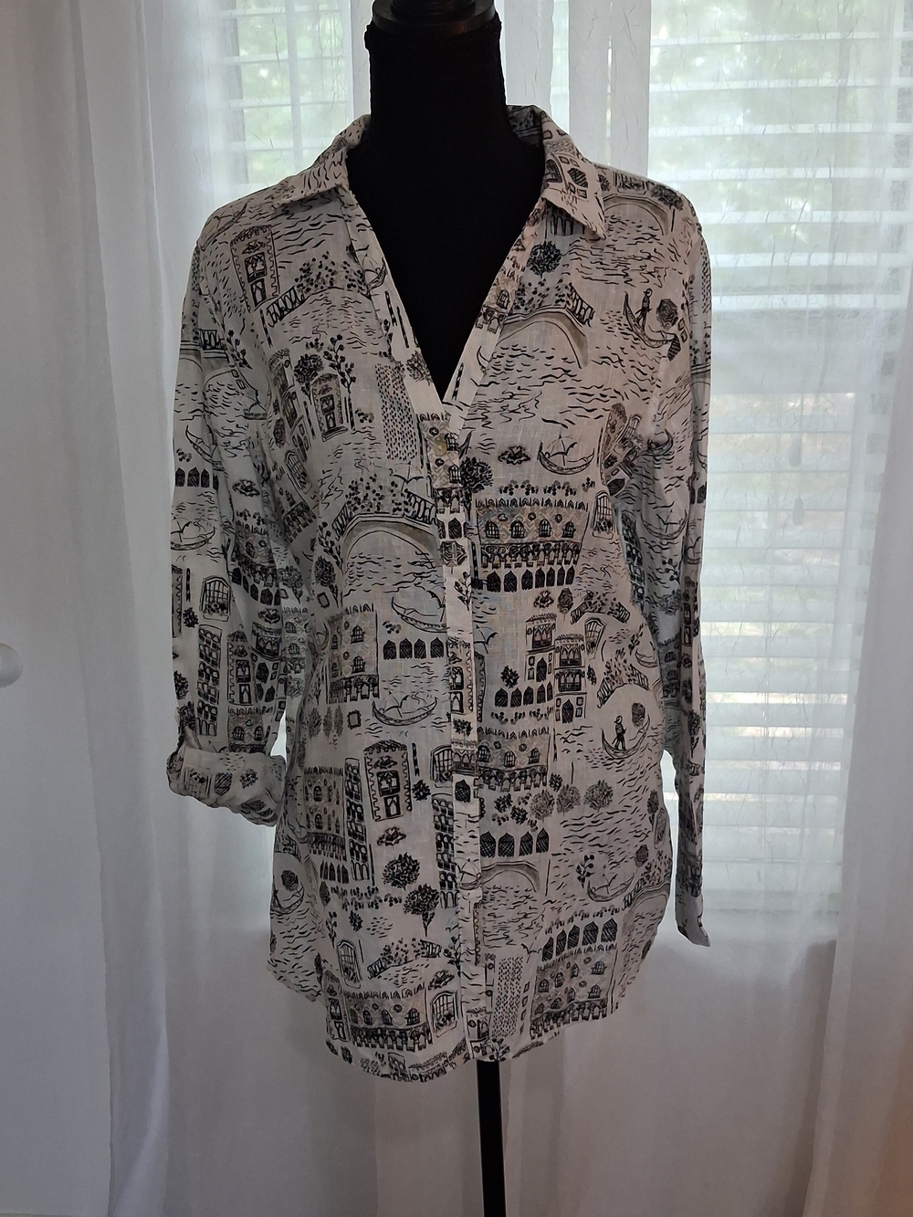 Cynthia Rowley Black and White Printed Linen Button Up Long Sleeve Top L #316